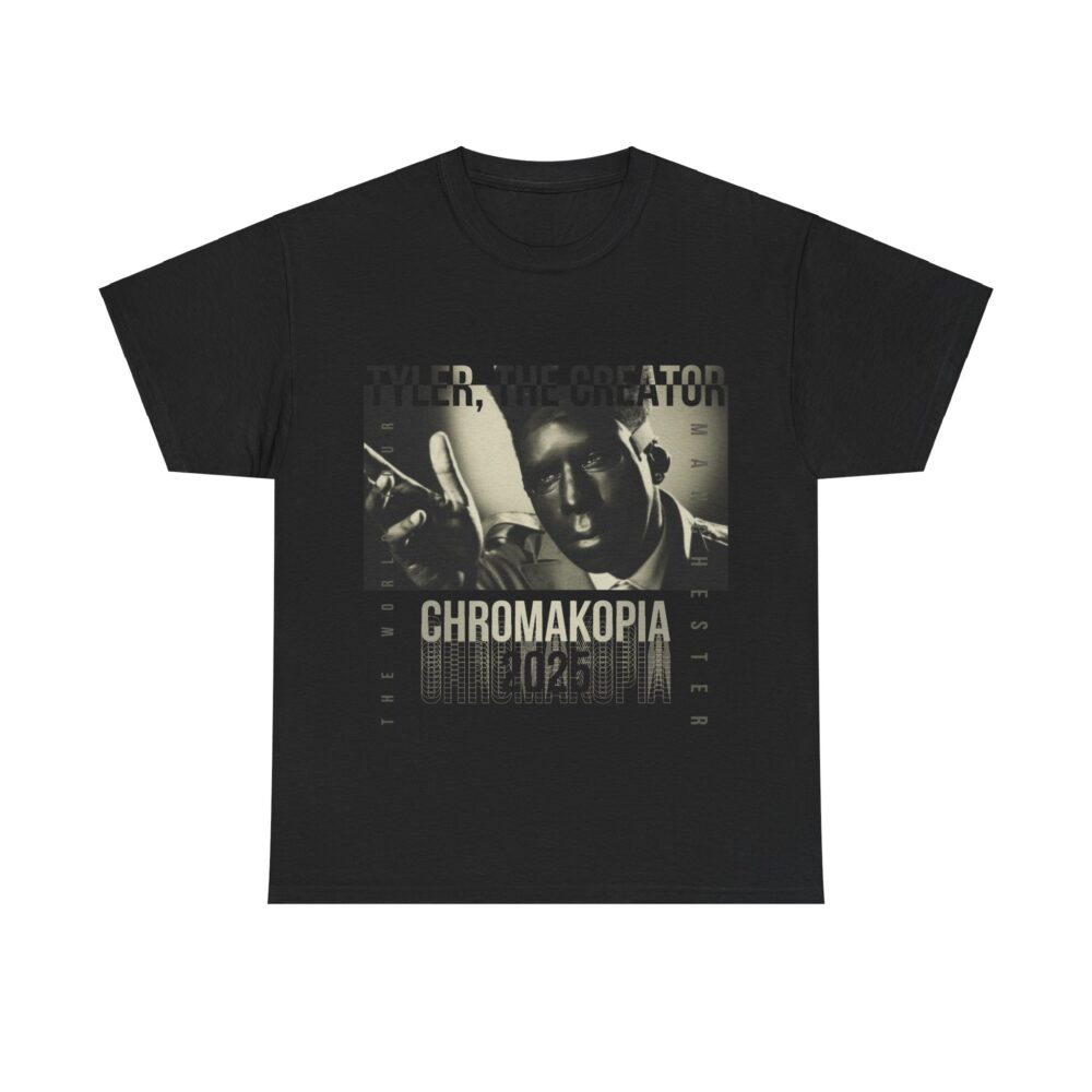 Black T-Shirt with a graphic of Tyler, The Creator Chromakopia World Tour manchester 2025