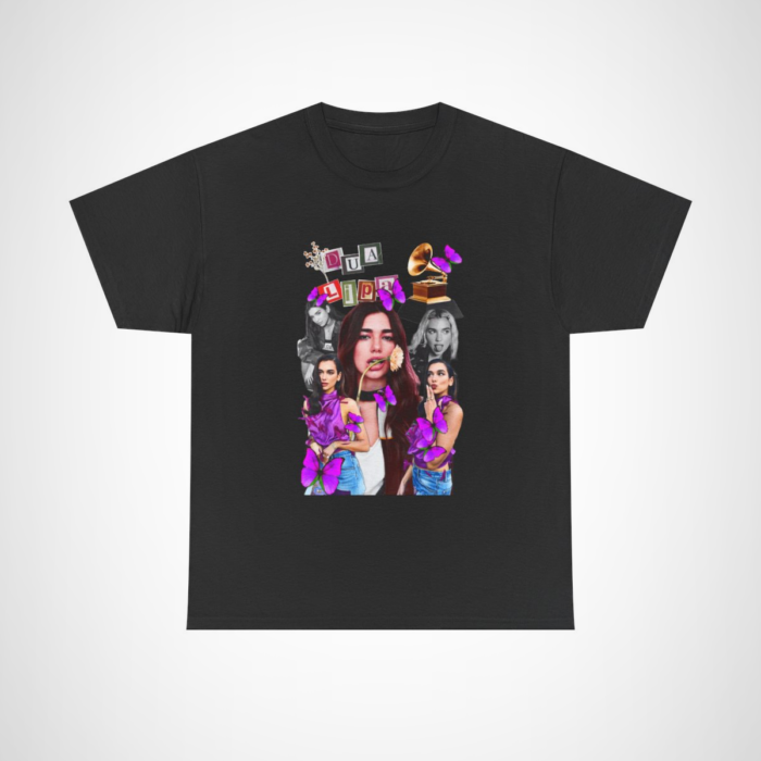 Stylish Dua Lipa inspired graphic tee featuring flowers, butterflies, and a vintage gramophone Black colour