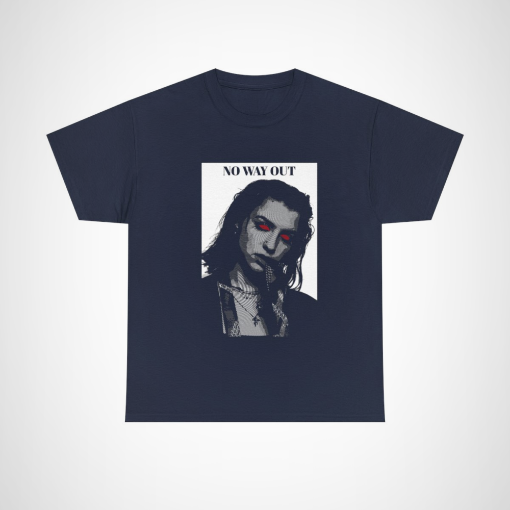 No Way Out Graphic Tee featuring bold red eyes design Navy colour