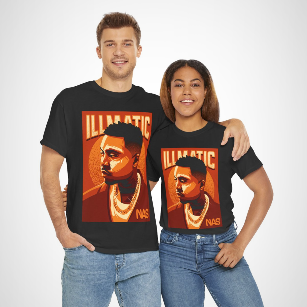 Stylized portrait of NAS on the Illmatic graphic tee for hip-hop fans