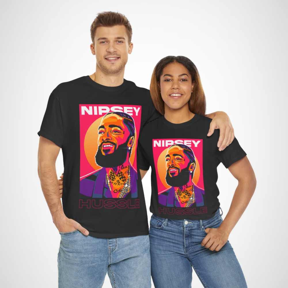 Artistic Nipsey Hussle tribute t-shirt featuring vibrant design