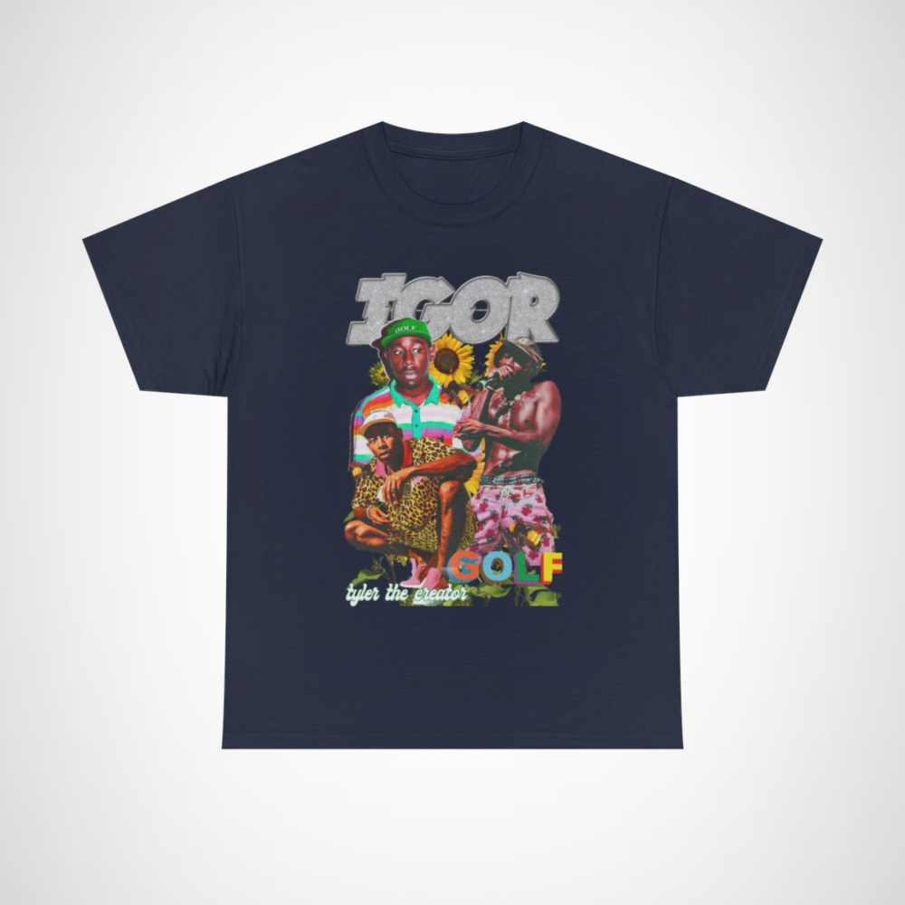 Tyler the Creator IGOR Golf Flower T-Shirt showcasing vibrant graphics and sunflowers Navy colour