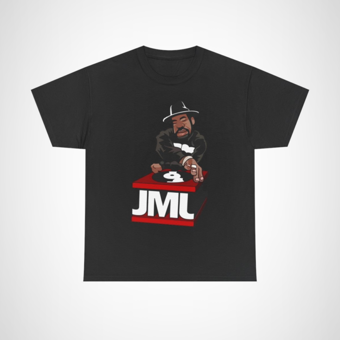 Retro DJ JML Vinyl Record Spinner T-Shirt design featuring a DJ spinning records Black colour