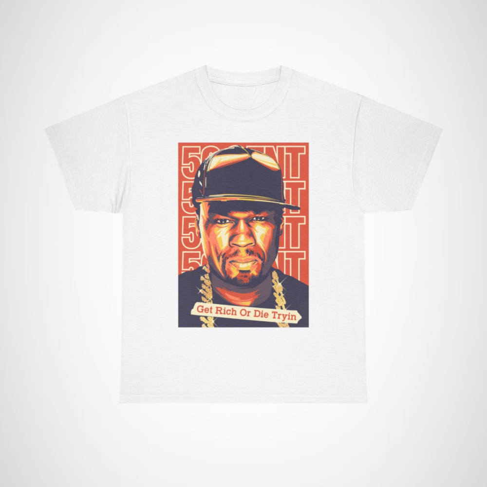 Get Rich Or Die Tryin' 50 Cent Graphic Tee showcasing hip-hop inspired design White colour