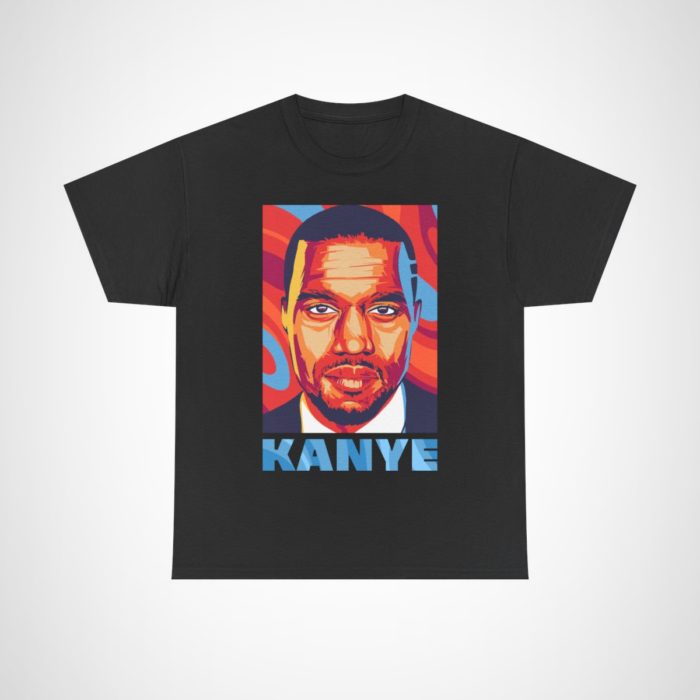 Vibrant pop art t-shirt featuring a portrait of Kanye West for music fans Black colour