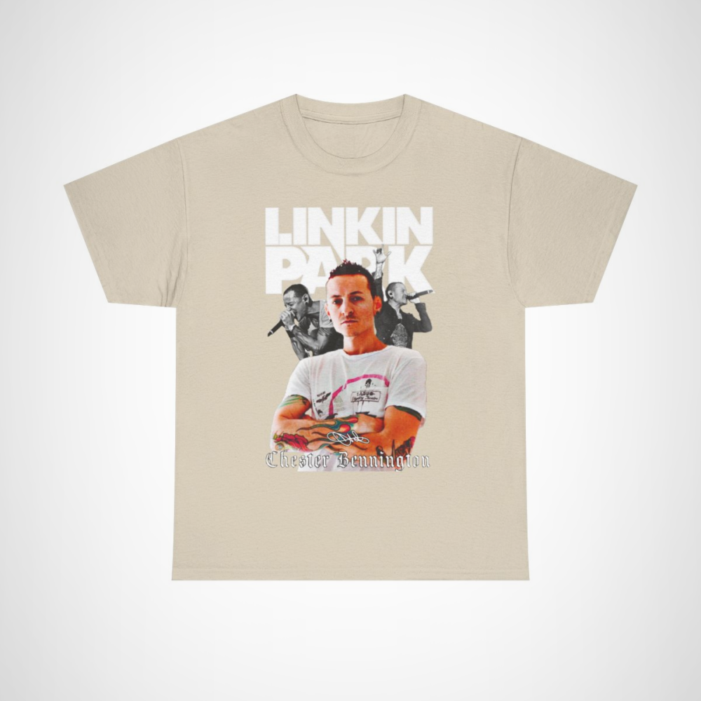 Chester Bennington tribute t-shirt featuring an iconic Linkin Park design Sand colour