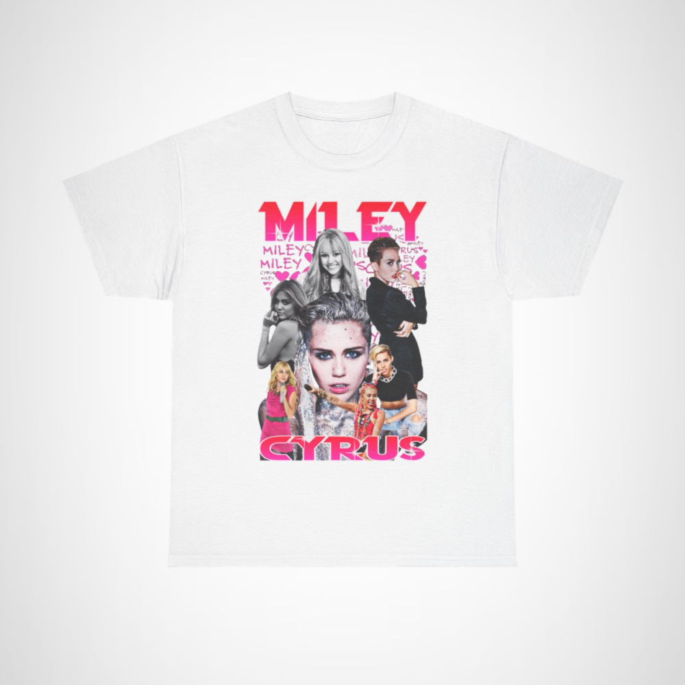 Miley Cyrus Collage T-Shirt showcasing iconic looks of the pop star White colour