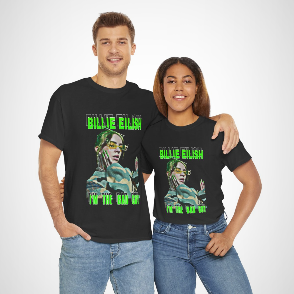 Billie Eilish I'm The Bad Guy graphic tee showing vibrant green lettering