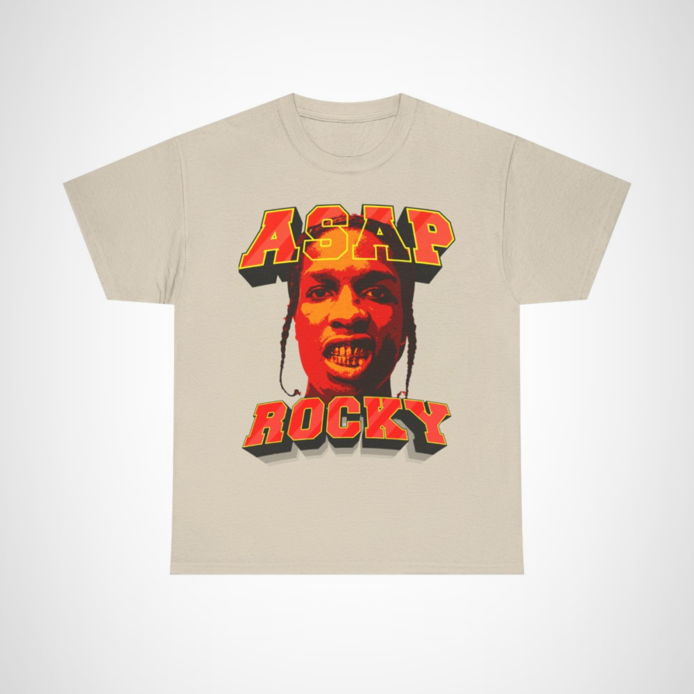 Vibrant ASAP Rocky graphic tee showcasing hip-hop culture and style Sand colour