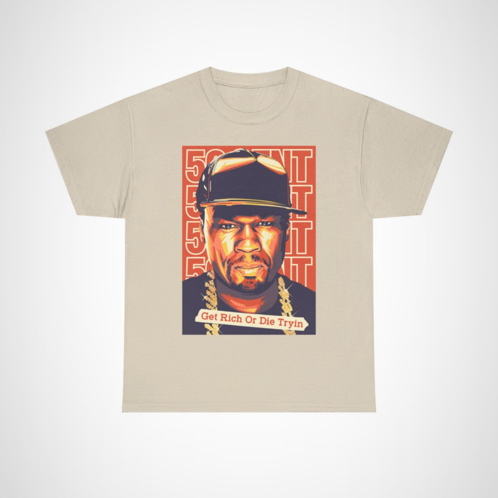 Get Rich Or Die Tryin' 50 Cent Graphic Tee showcasing hip-hop inspired design Sand colour