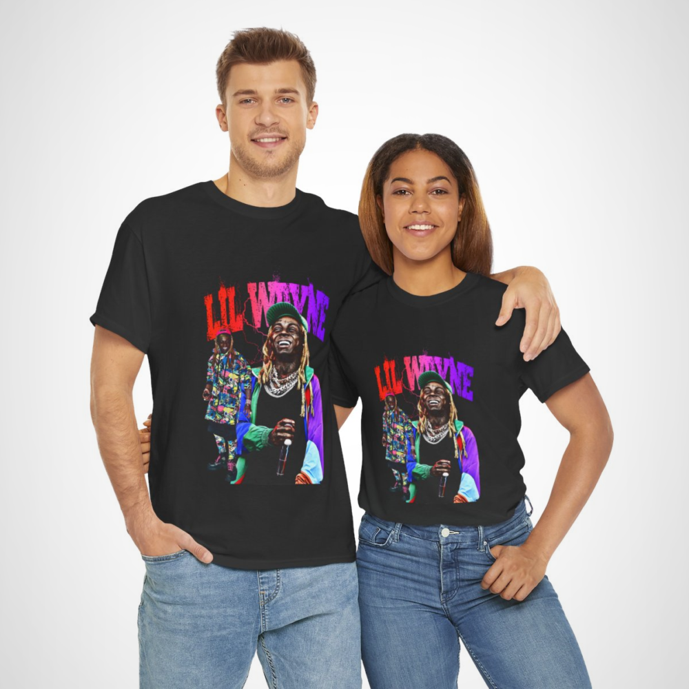 Eye-catching Lil Wayne hip-hop style t-shirt featuring vibrant colors and bold design for music fans.