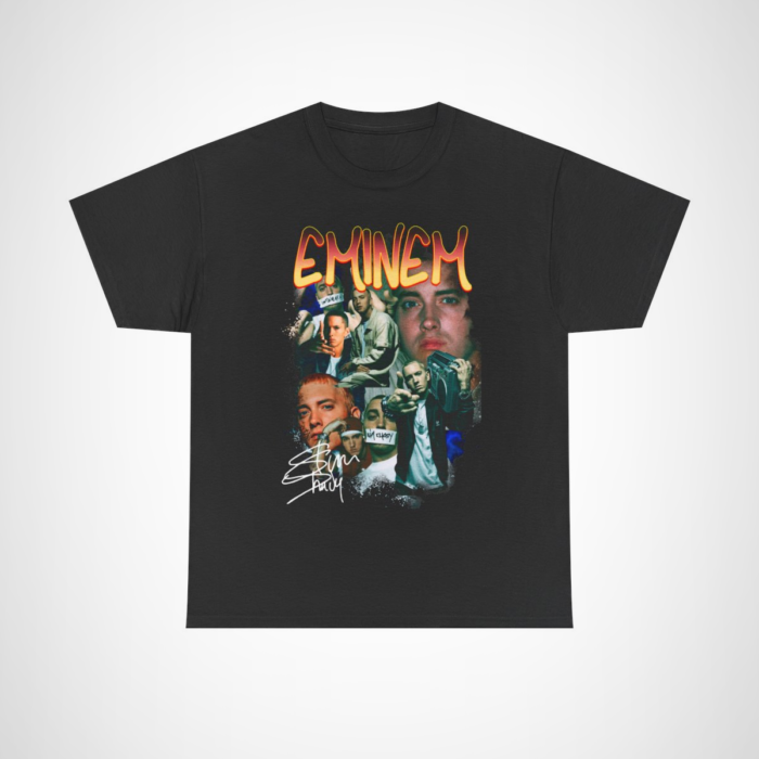 Eminem Retro Collage T-Shirt showcasing vibrant hip hop imagery Black colour