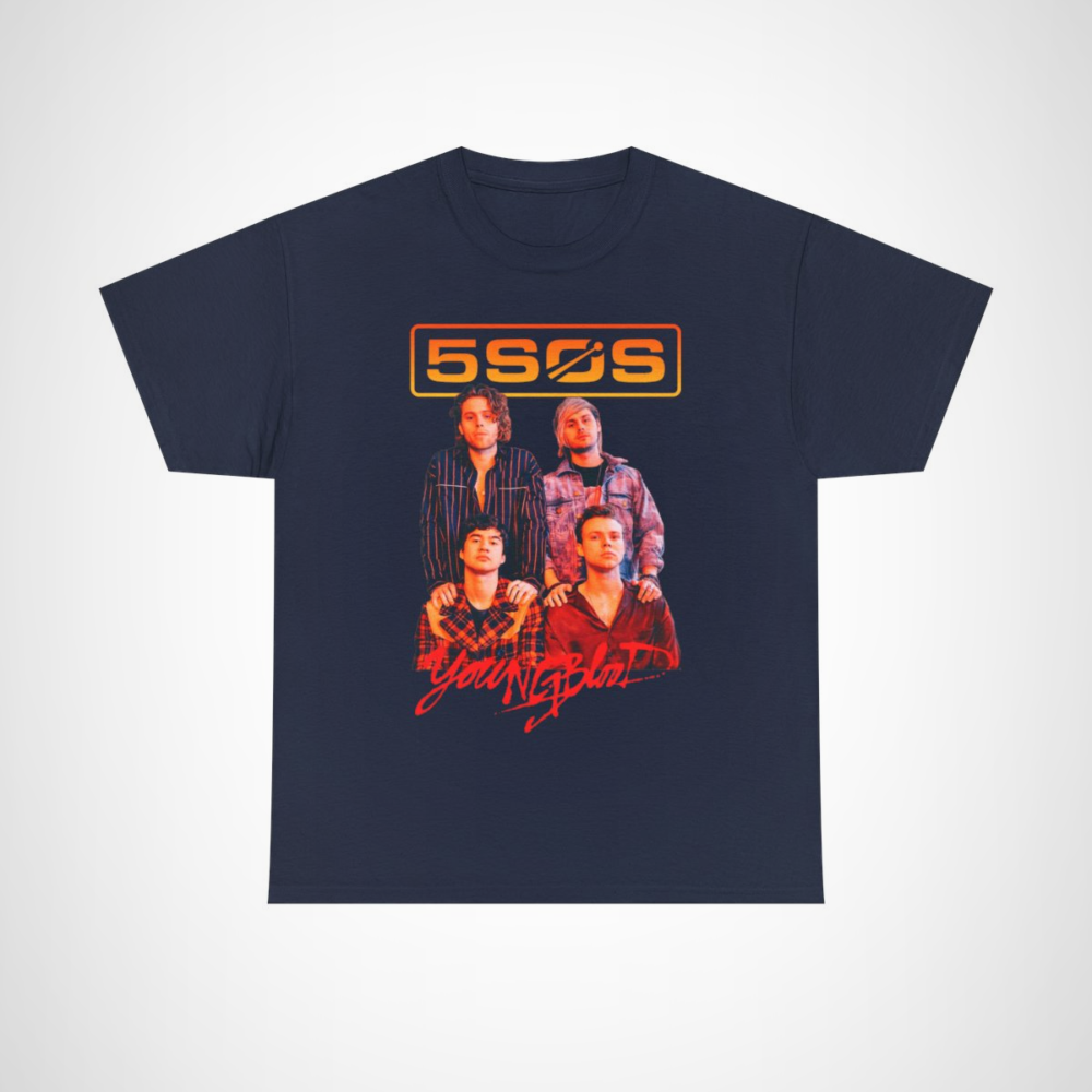 5SOS YoungBlood graphic tee showcasing vibrant design for fans Navy colour