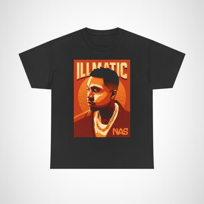 Stylized portrait of NAS on the Illmatic graphic tee for hip-hop fans Black colour