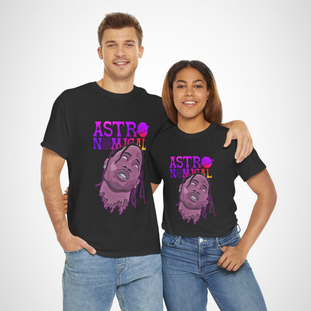 Astronomical Cosmic Vibes T-Shirt showcasing vibrant retro space art