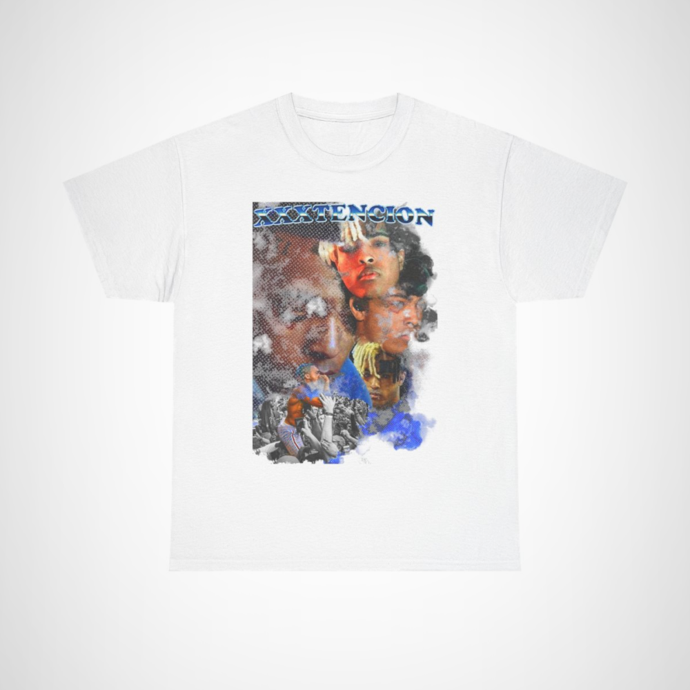 XXXTENTACION tribute t-shirt featuring a collage of his memorable moments White colour