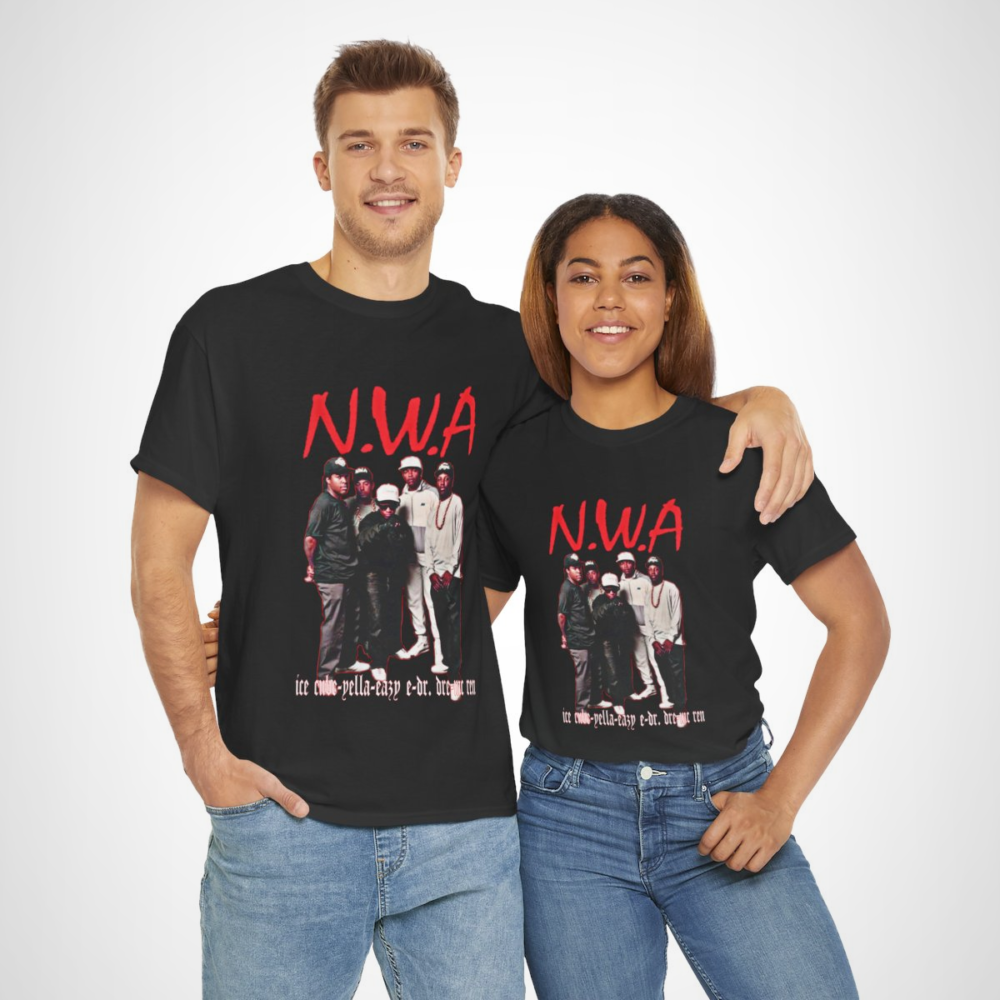 N.W.A. tribute t-shirt showcasing iconic members in bold graphics