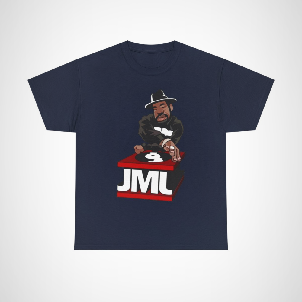 Retro DJ JML Vinyl Record Spinner T-Shirt design featuring a DJ spinning records Navy colour