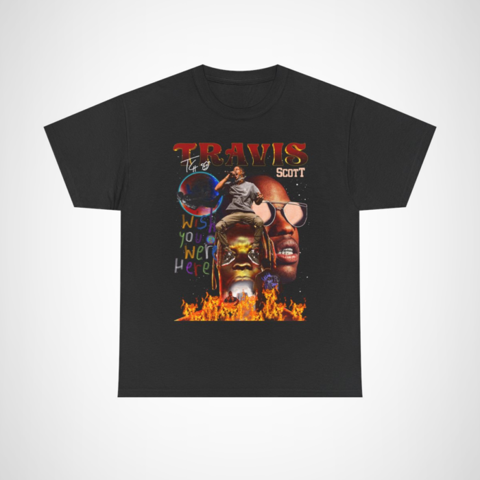 Travis Scott 'Wish You Were Here' graphic tee displayed on a model Black colour