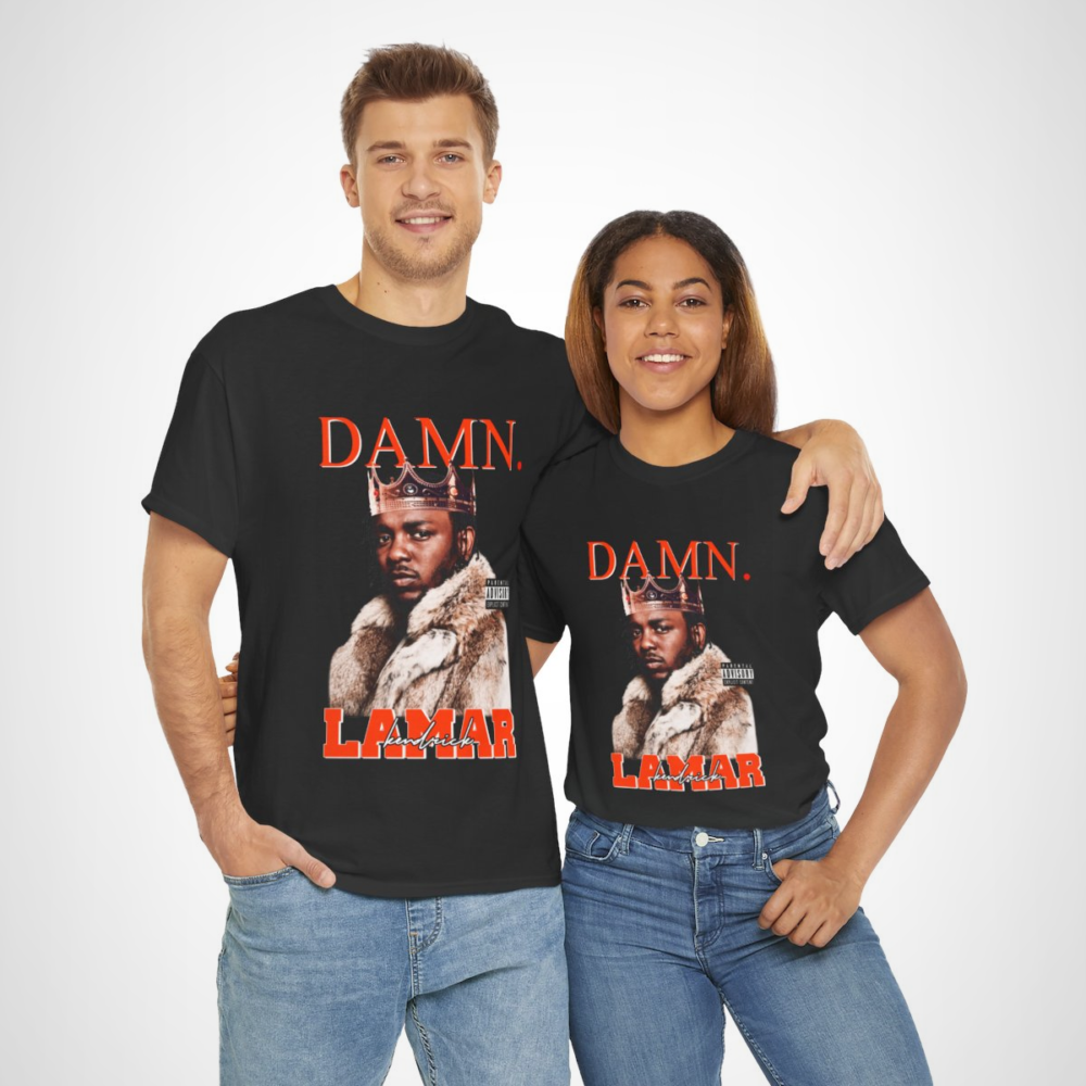 Kendrick Lamar DAMN. Crowned King T-Shirt displayed on a model