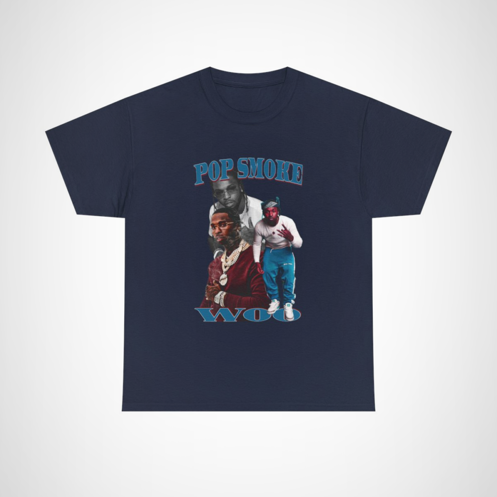 Pop Smoke Woo Tribute Tee showcasing bold graphics and urban style Navy colour