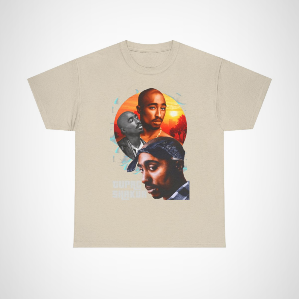 Tupac Shakur graphic tee showcasing vibrant design and artistic tribute to the hip-hop legend Sand colour