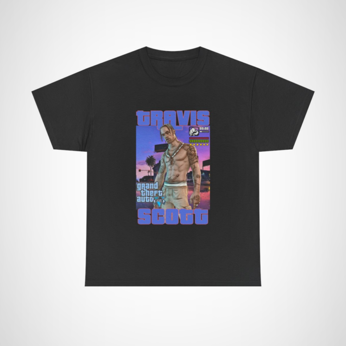 Travis Scott GTA V Inspired Graphic Tee featuring vibrant streetwear design Black colour