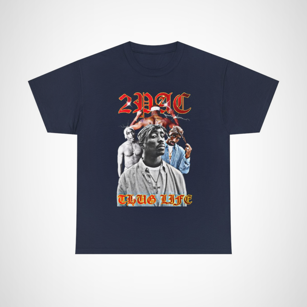 2PAC Thug Life Retro Graphic Tee showcasing bold graphics and tribute to a hip hop legend Navy colour