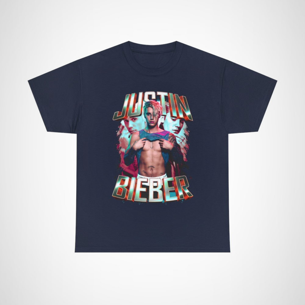 Justin Bieber Retro Graphic Tee showcasing vibrant design for music fans Navy colour