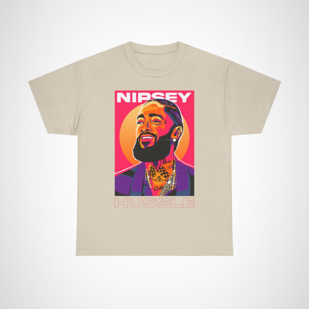 Artistic Nipsey Hussle tribute t-shirt featuring vibrant design Sand colour