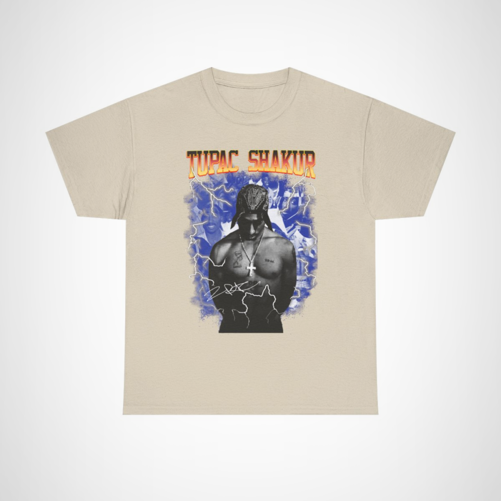 Tupac Shakur Graphic Tee featuring iconic design celebrating the legendary rapper Sand colour