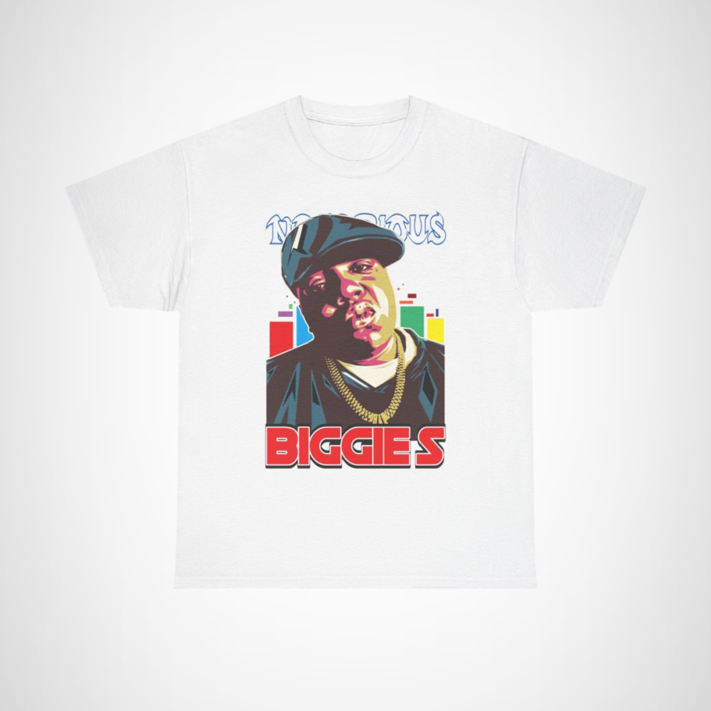 Notorious Biggie S graphic tee showcasing vibrant hip hop design White colour