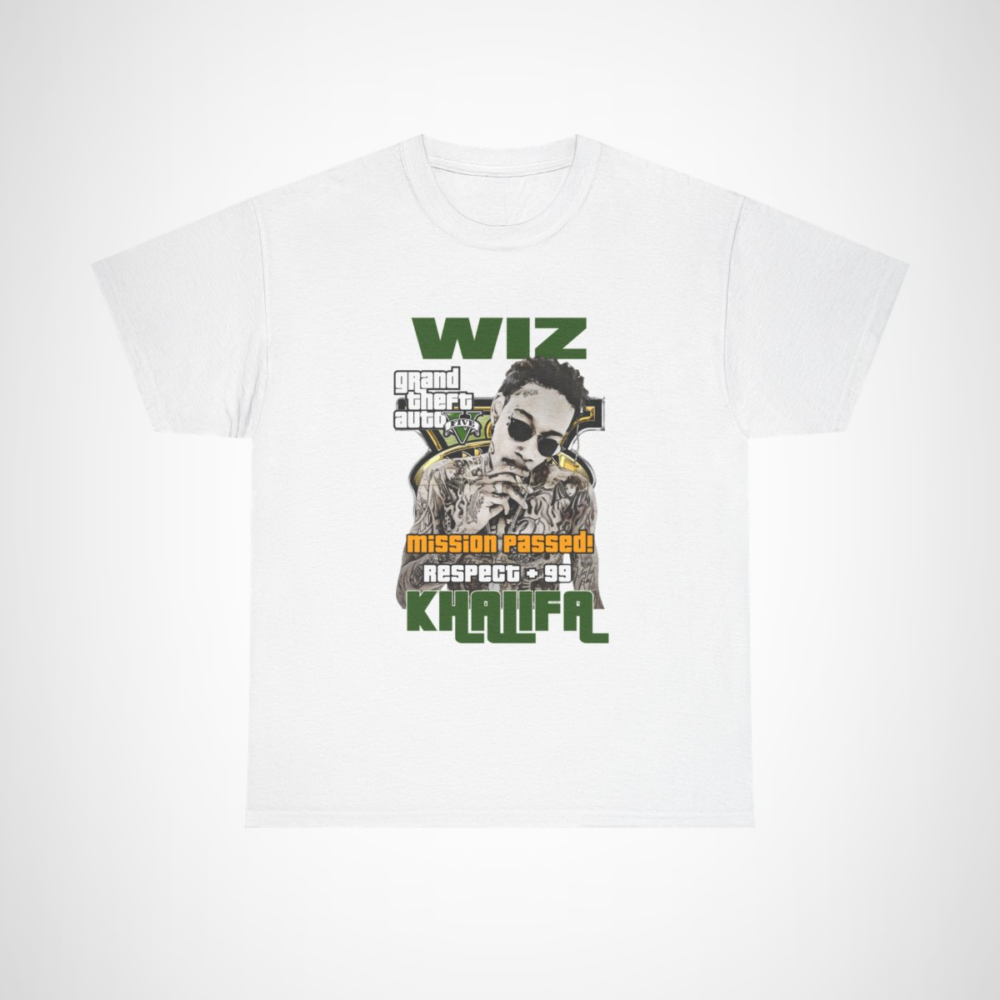 Wiz Khalifa GTA V 'Mission Passed' T-Shirt with vibrant gaming artwork White colour