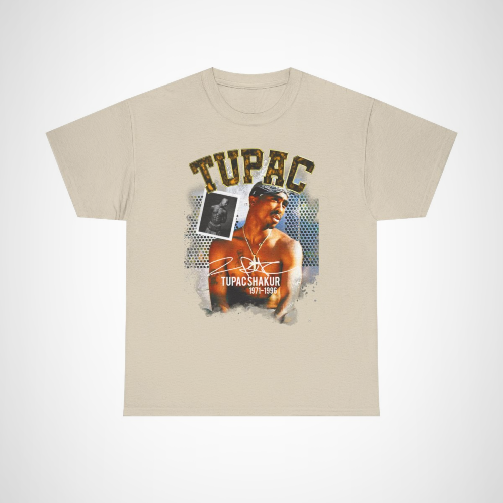 Vintage-style Tupac Shakur tribute t-shirt with graphic design Sand colour