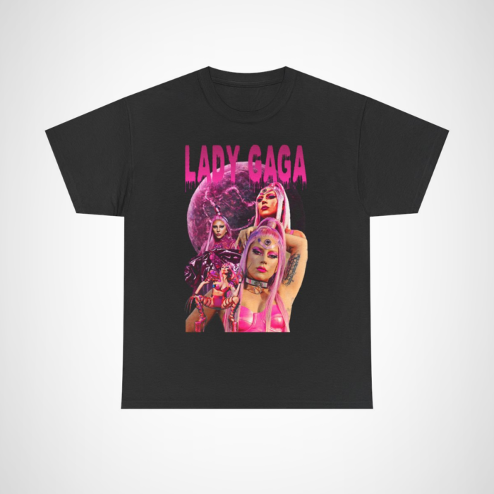 Bold Lady Gaga Art T-Shirt featuring vibrant pink design and pop culture theme Black colour