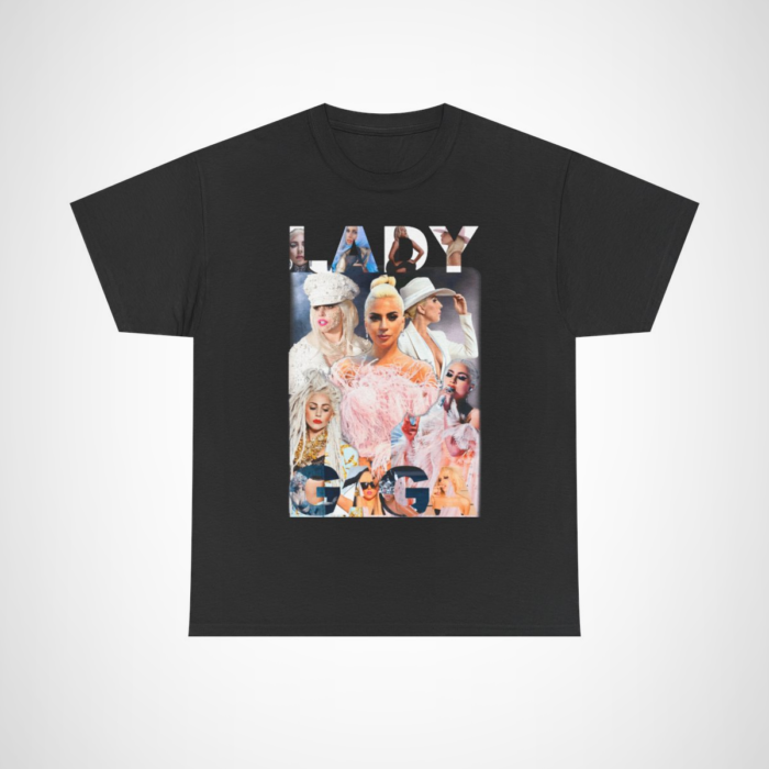 Lady Gaga Artistic Collage T-Shirt showcasing vibrant designs and iconic looks Black colour