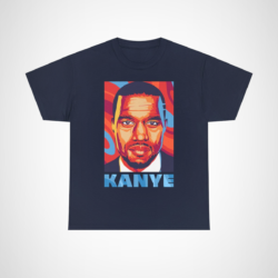 Vibrant pop art t-shirt featuring a portrait of Kanye West for music fans Navy colour