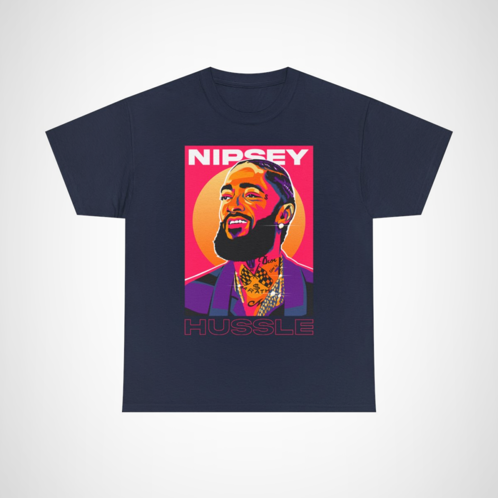 Artistic Nipsey Hussle tribute t-shirt featuring vibrant design Navy colour