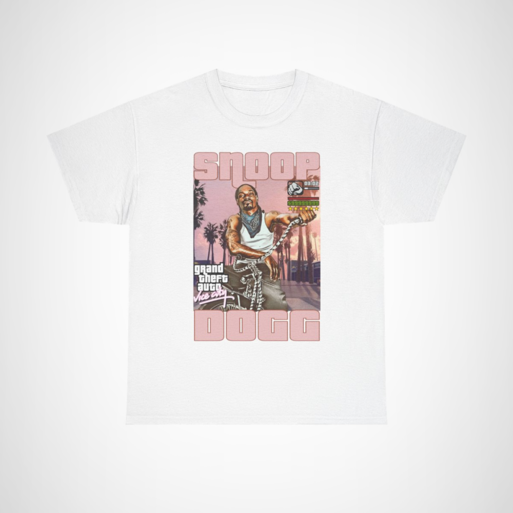 Snoop Dogg Retro GTA Vice City T-Shirt featuring Snoop biking through a vibrant cityscape White colour
