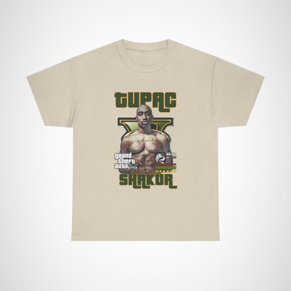 Tupac Shakur GTA V Inspired T-Shirt with vibrant graphic design Sand colour