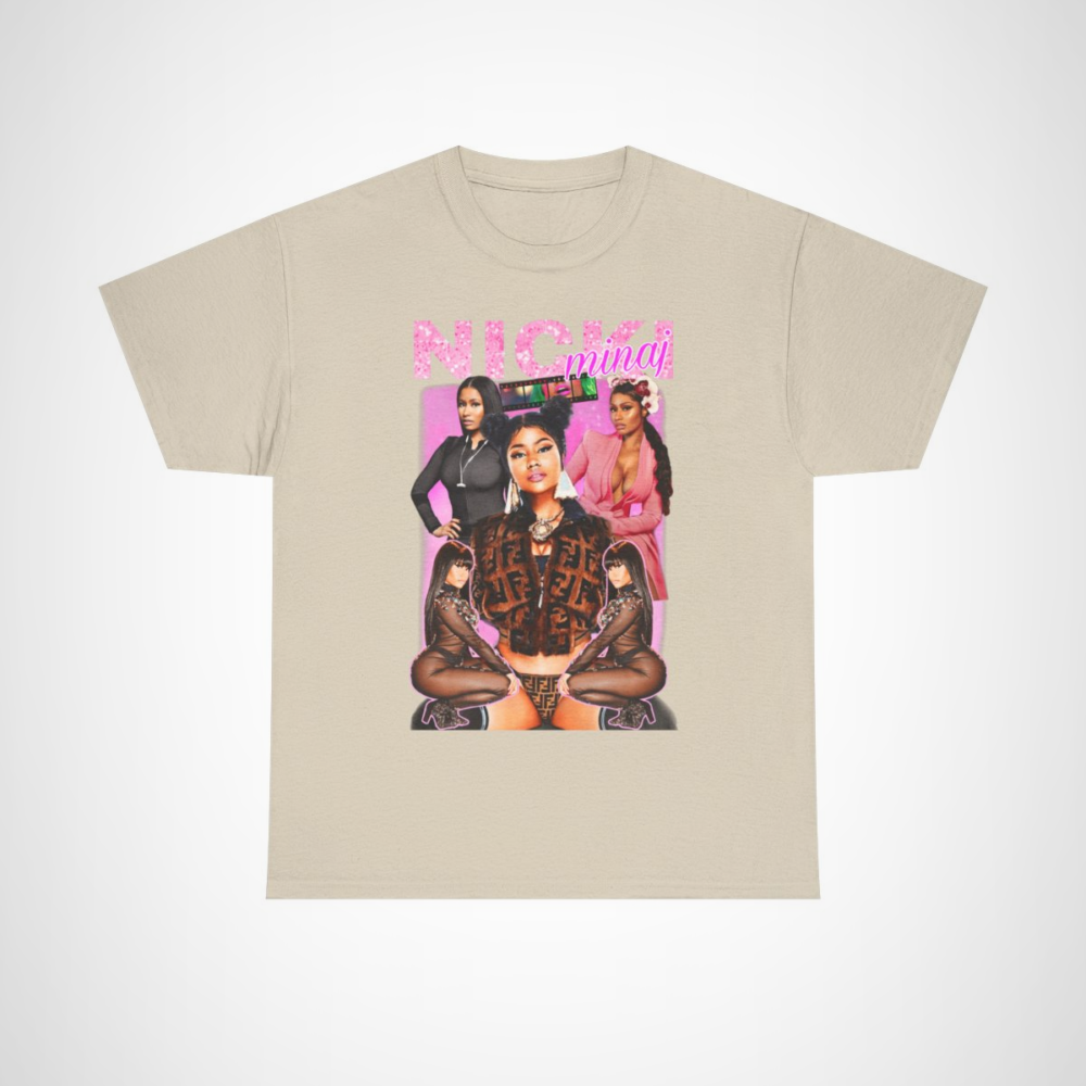 Vibrant Nicki Minaj fashion collage t-shirt showcasing bold designs Sand colour