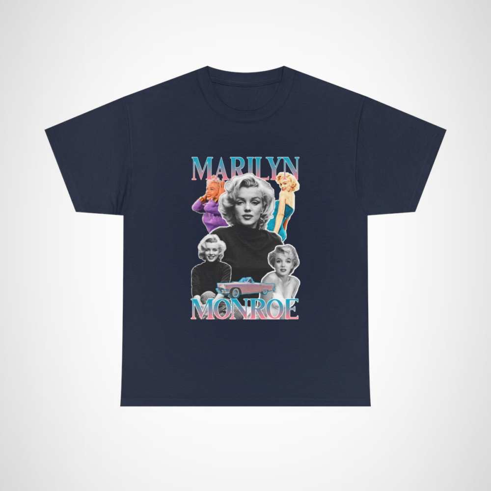 Marilyn Monroe Retro Collage Tee showcasing a vibrant vintage design Navy colour