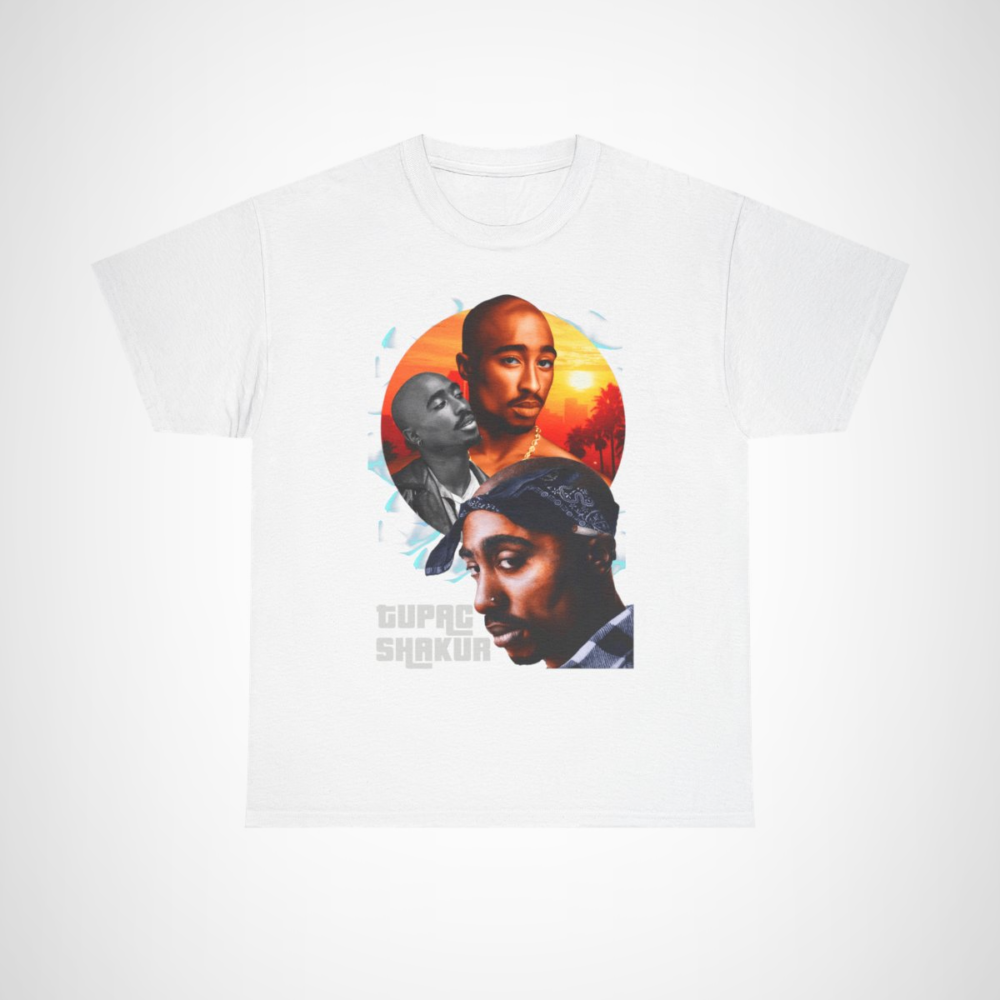 Tupac Shakur graphic tee showcasing vibrant design and artistic tribute to the hip-hop legend White colour