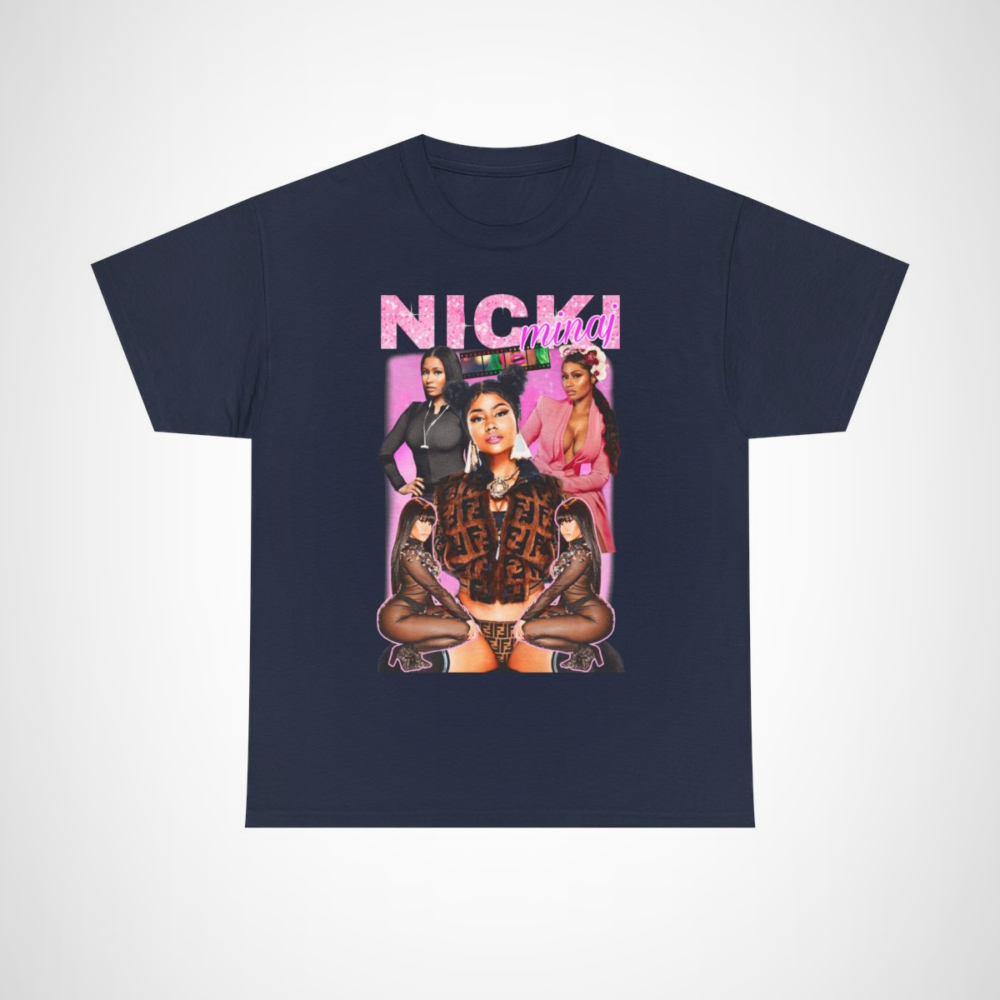 Vibrant Nicki Minaj fashion collage t-shirt showcasing bold designs Navy colour