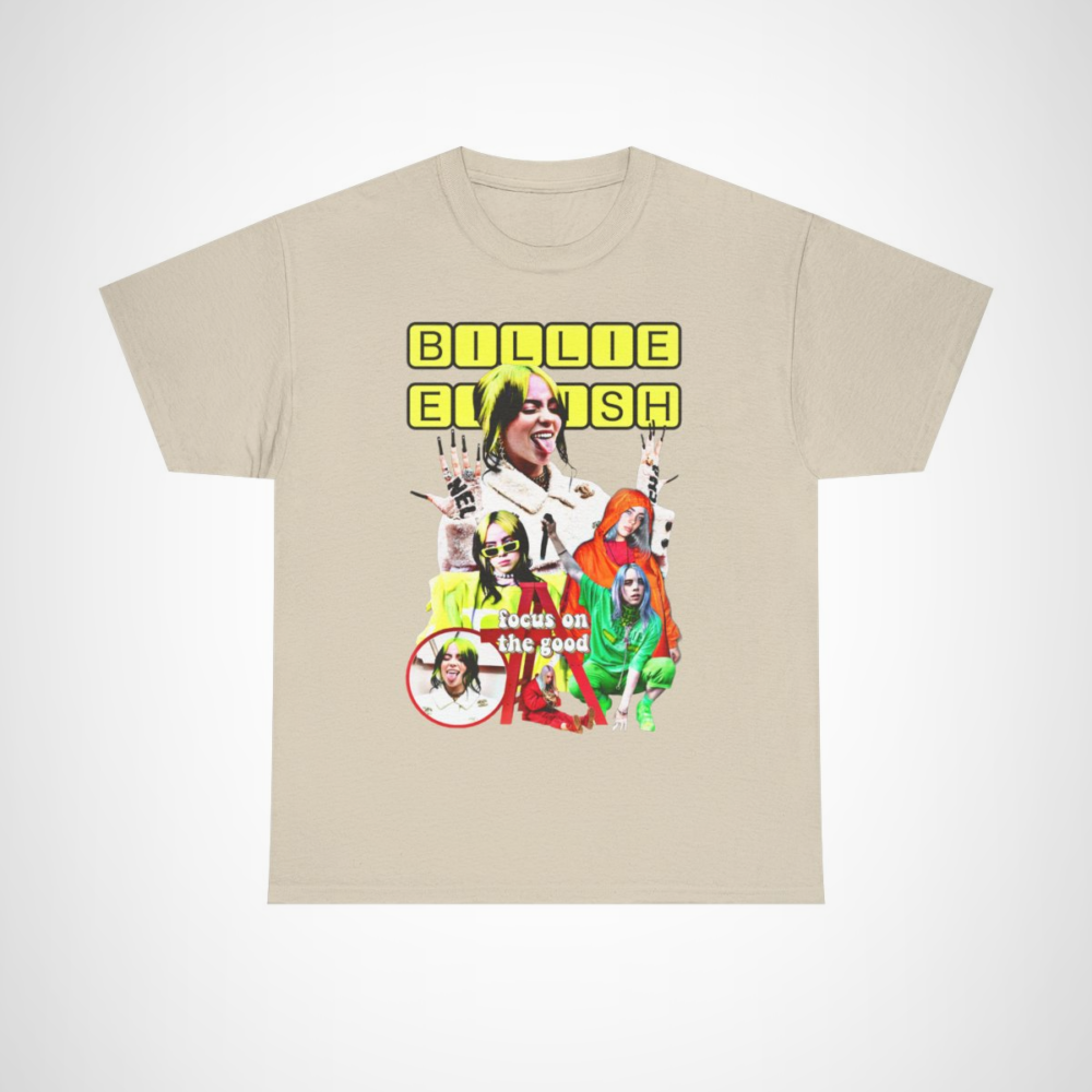 Billie Eilish Focus On The Good t-shirt featuring vibrant design Sand colour