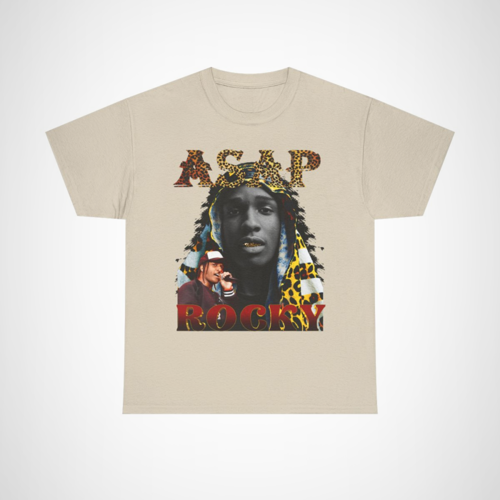 ASAP Rocky Leopard Print Tee showcasing bold fashion and style Sand colour