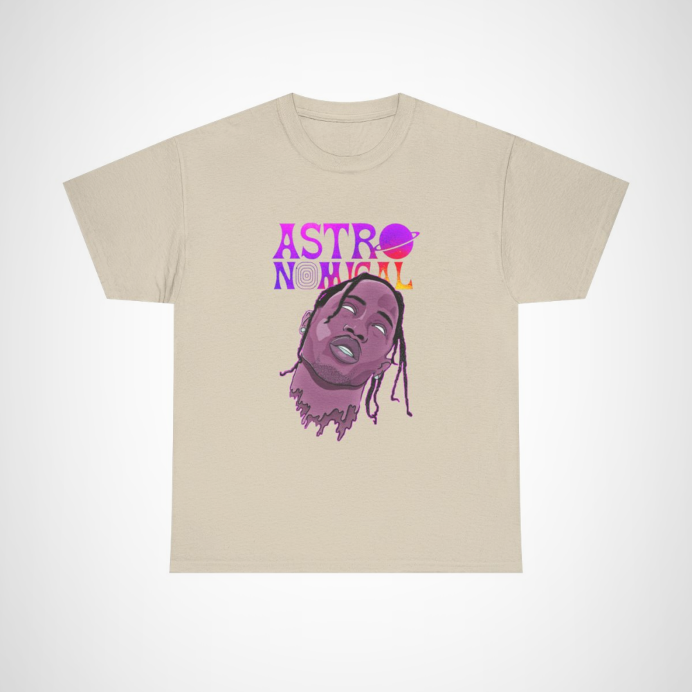 Astronomical Cosmic Vibes T-Shirt showcasing vibrant retro space art Sand colour