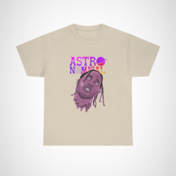 Astronomical Cosmic Vibes T-Shirt showcasing vibrant retro space art Sand colour