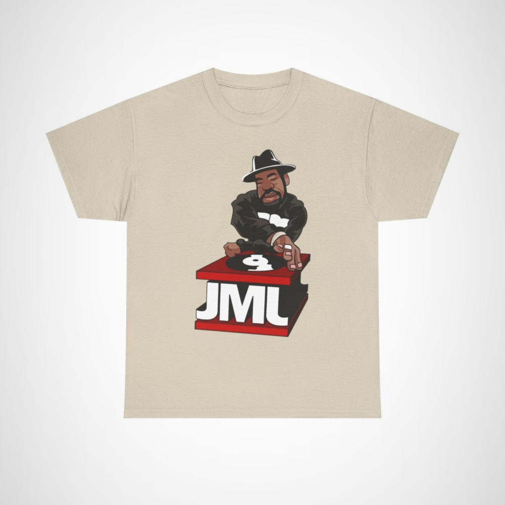 Retro DJ JML Vinyl Record Spinner T-Shirt design featuring a DJ spinning records Sand colour