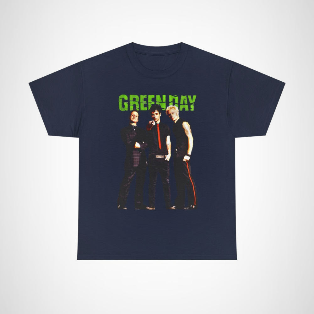 Green Day punk rock band t-shirt featuring iconic band members Navy colour